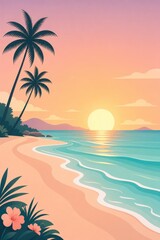 Obraz premium Tropical sunset over serene beach with golden hour glow, palm trees silhouetted against warm orange and peach sky, gentle ocean waves reflecting sunlight, idyllic vacation paradise