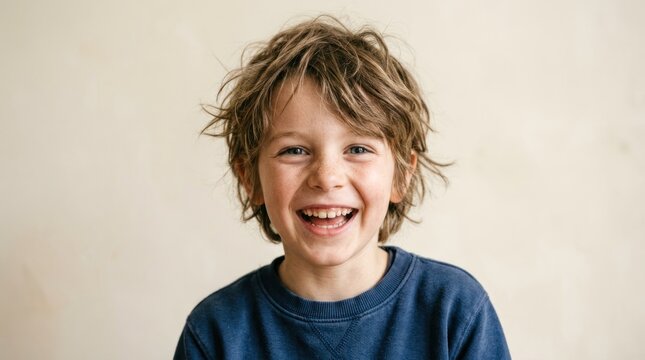 A young boy with curly hair smiling against a plain background.