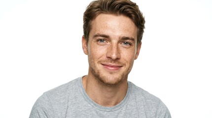 Fototapeta premium A man with brown hair and freckles, wearing a gray t-shirt, smiling and looking directly at the camera.