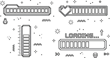 Pixel art loading progress bars and game life health status bar set outline line vector illustration element © S O H A G