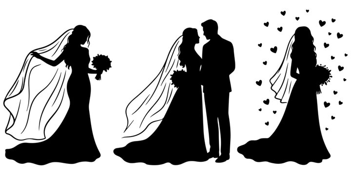 Wedding couple silhouette vector illustration romantic bride and groom holding hands facing each other side view portrait