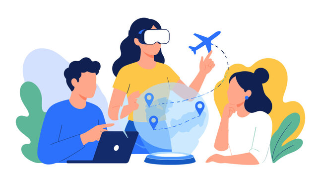 Group of people exploring the world with virtual reality.