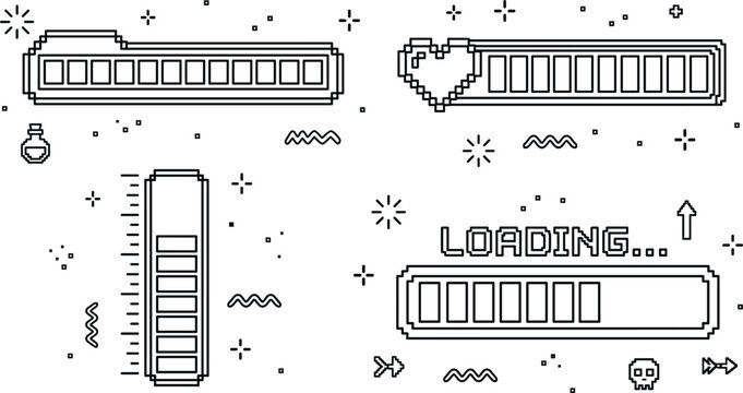 Pixel art loading progress bars and game life health status bar set outline line vector illustration element