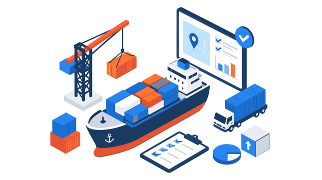 Cargo Ship With Containers And Crane At Port.