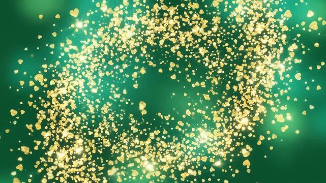 Magical Golden Glitter Swirl - Abstract Particles Flowing on Luminous Emerald Green Background.