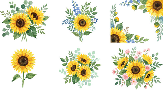 Watercolor Sunflower Bouquet and Floral Corner Element Vector Set with Greenery and Wildflowers for Wedding Invitations, Greeting Cards, and Patterns