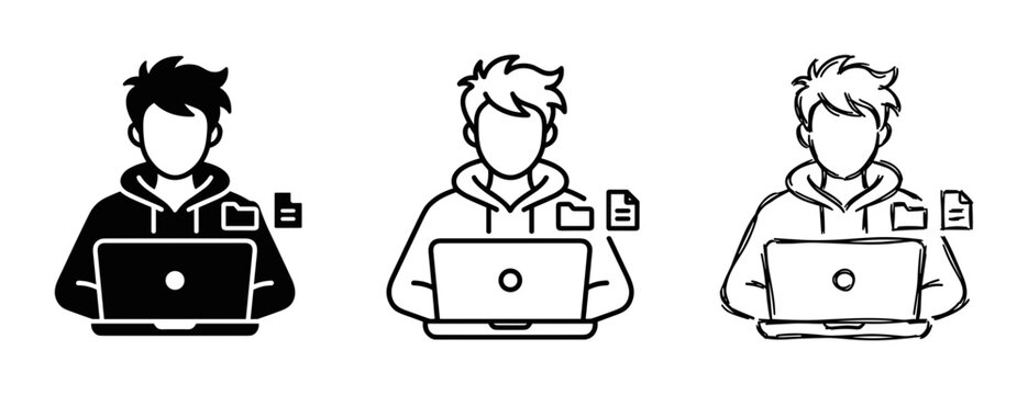 Programmer Icon Set, Coder with Laptop and Files, Digital Workflow Graphics
