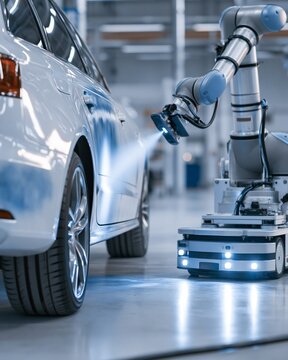 Medium shot capturing a mobile robot carefully performing spot respray on a car door enhancing paint quality in a hightech rework environment.