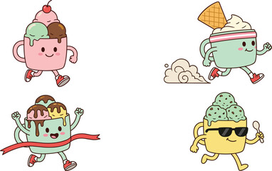 Fototapeta premium Cute Ice Cream Cup Character Set with Kawaii Dessert Mascots, Running Sundae Cartoons, and Sweet Frozen Treat Vector Illustrations