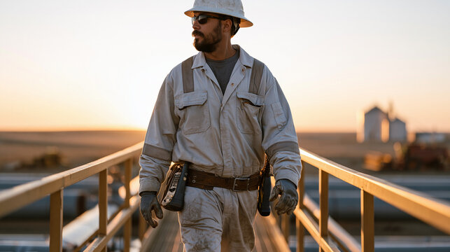 Pipeline integrity inspector walking elevated catwalk above buried pipeline valve station in agricultural field at golden hour, ultrasonic testing equipment strapped to belt, grain silos and harvest