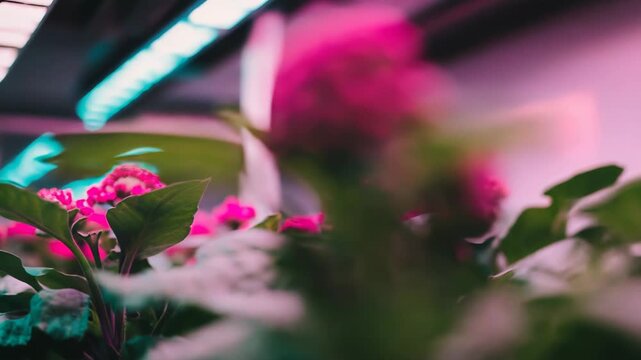 Green plants with vibrant pink blossoms growing in a controlled indoor environment, receiving optimal light spectrum from modern artificial grow lighting