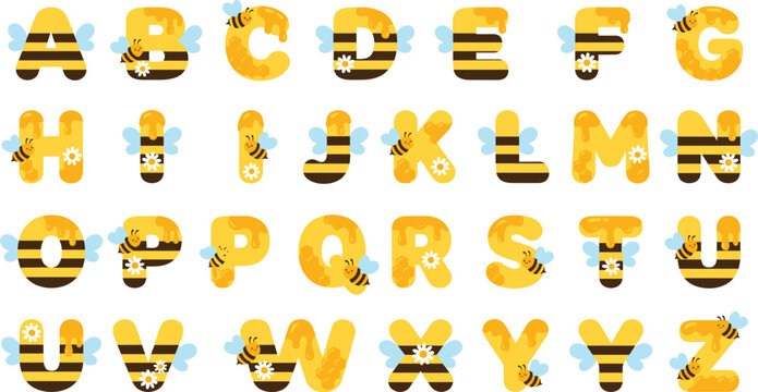 Cute honey bee alphabet cartoon font vector illustration, funny bumblebee characters english letters set collection