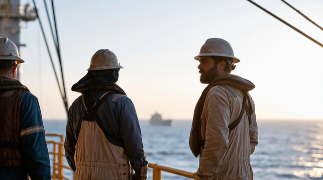 Offshore oil platform roughneck crew in hard hats and life vests performing routine equipment checks on elevated drill deck at dawn, supply vessel visible in distant swells, safety barriers and flar