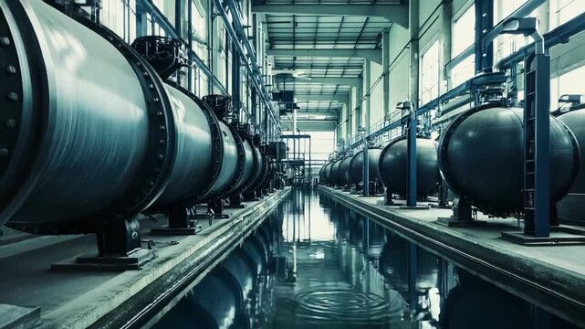 Large pipes and spherical tanks lining a sophisticated industrial facility hall, featuring reflective water surfaces, hinting at advanced water processing and manufacturing technology