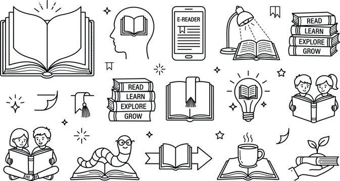 Reading book vector icon set with e-reader library bookworm kids study learning line art elements on white