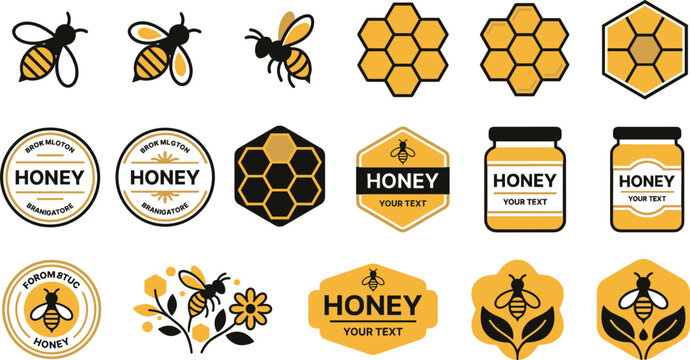 Honey bee and honeycomb logo icons collection vector illustration, organic farm product labels setHoney bee and honeycomb logo icons collection vector illustration, organic farm product labels set