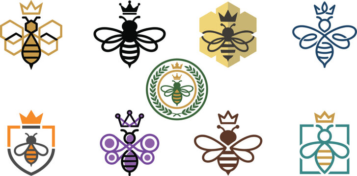 Honey bee logo icons collection vector illustration, queen bumblebee emblems set with crown and honeycomb