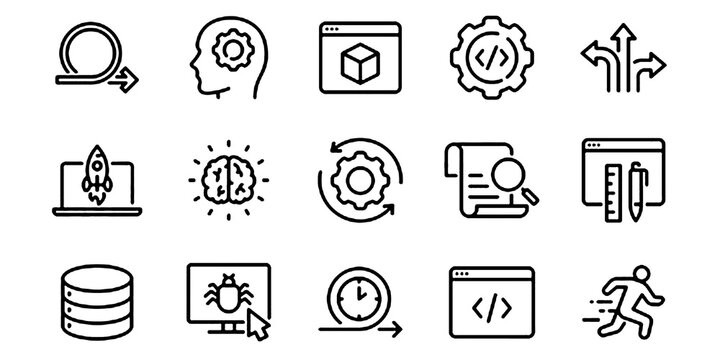 Agile Development and Workflow Line Icons Set. Scrum, Software Planning, Process Management, Deployment, Integration and Business Strategy Vector Illustration Collection.