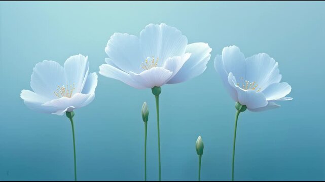 Flowers bloom in a soft blue background with delicate petals and green stems during a sunny day in spring