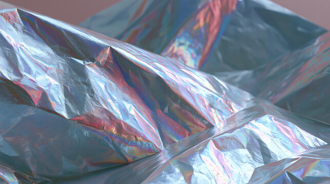 Holographic foil texture abstract surface capturing light refractions shifting across metallic iridescent planes, creating prismatic depth and mirror-like distortion ideal for packaging design, albu