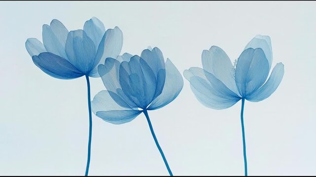 Three blue flowers with thin petals on a white background showing delicate shapes and forms