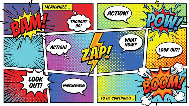 Colorful Comic Pop Art Panels With Speech Bubble EffectsColorful Comic Pop Art Panels With Speech Bubble Effects