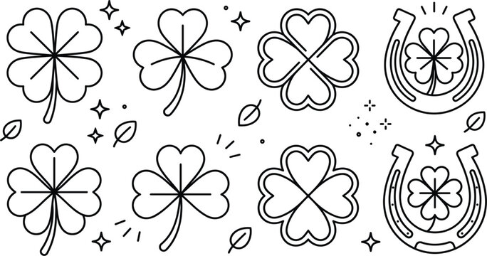 Saint Patricks Day lucky icon set with four leaf clovers shamrocks horseshoes and stars line art vector illustration