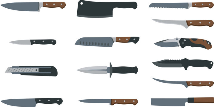 Kitchen and Tactical Knife Collection with Chef Knives, Cleavers, Utility Blades, and Cutting Tool Vector Elements Set