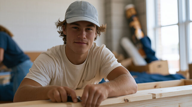 College student assembling flat-pack furniture in sparse dormitory room during move-in weekend, half-unpacked storage bins and rolled posters propped against cinder-block wall, roommate sorting text
