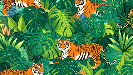 Obraz premium Vibrant tigers in lush tropical jungle with large green leaves and exotic plants, showcasing orange and black striped fur, white accents, and natural habitat