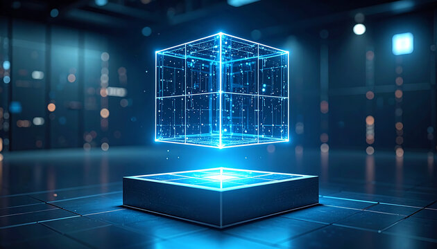 Glowing blue cube hovers above a futuristic platform in a dark room.