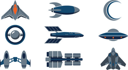Futuristic Spacecraft Icon Collection with UFOs, Rockets, Satellites, and Sci-Fi Spaceship Vector Elements Set © Priyanka