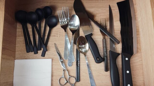 Kitchen drawer showing an assortment of flatware. Including various metal forks. Spoons. And knives. Alongside black plastic spoons and a pair of scissors. Creating an organized culinary tools display