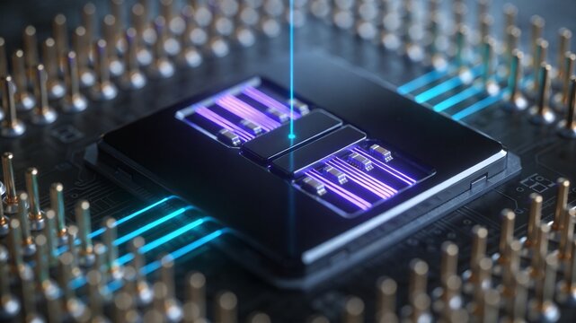 Silicon photonics processor core quantum chip 3D render