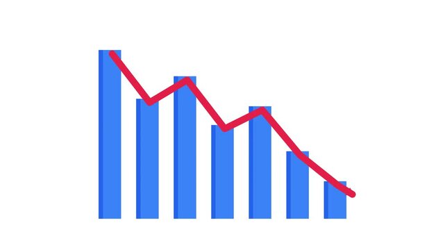 2D Flat Business Bar Chart with Fluctuating Red Downward Arrow, Profit Loss and Financial Decline Concept
