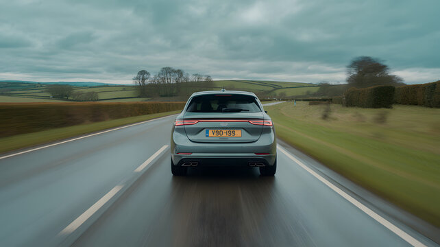 silver station wagon driving on asphalt road with blurred motion scenic countryside