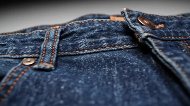 Close up view of the pocket and waistband of a pair of blue denim jeans featuring orange stitching and metal buttons