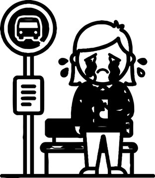 Sad person crying while waiting at bus stop.