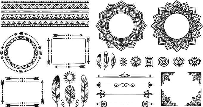 Tribal boho frame collection with hand drawn mandala circles ethnic arrows and text dividers vectorTribal boho frame collection with hand drawn mandala circles ethnic arrows and text dividers vector