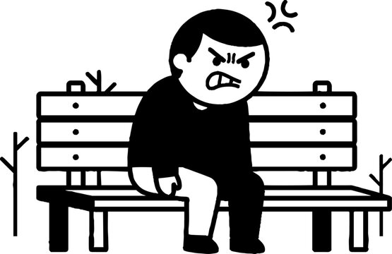 Cartoon person sitting angrily on a park bench.