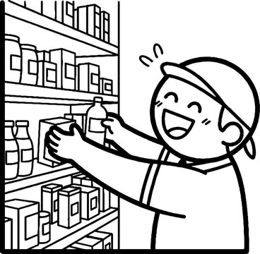 Happy Grocery Worker Stocking Shelves With Bottles.