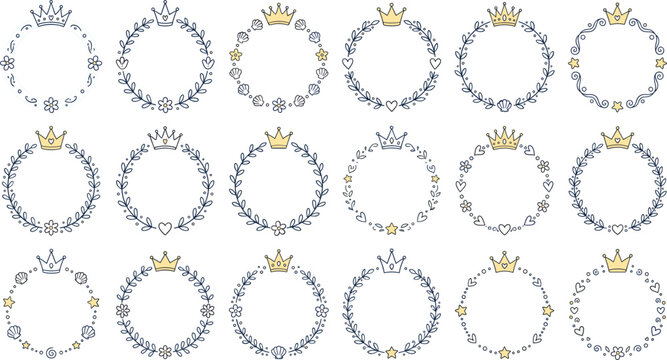 Blank round sticker label floral wreaths with hand drawn sketchy line queen crown elements vectorBlank round sticker label floral wreaths with hand drawn sketchy line queen crown elements vector