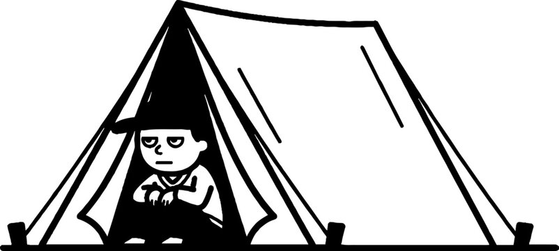 Illustration of a child sitting inside a tent outdoors.