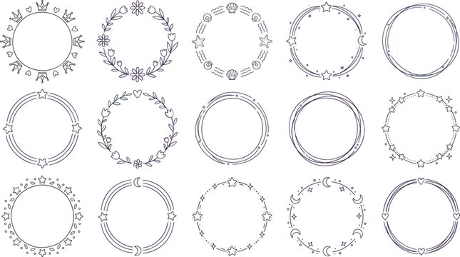 Cute doodle circle frame collection set with celestial stars moon crowns and ocean shell bordersCute doodle circle frame collection set with celestial stars moon crowns and ocean shell borders