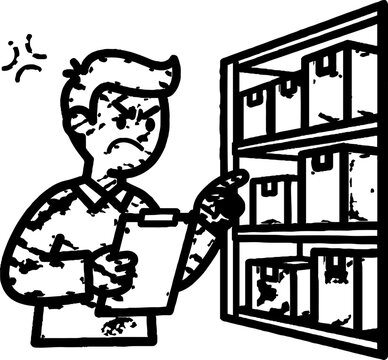 Stressed man checking inventory with clipboard in warehouse.