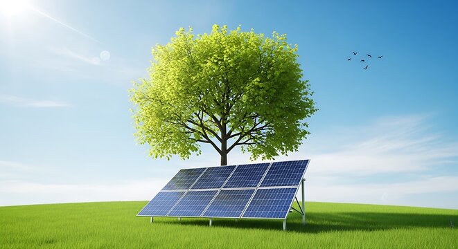 Green tree growing above blue solar panel array on grass, renewable energy and sustainable electricity concept isolated on white background, PNG cutout