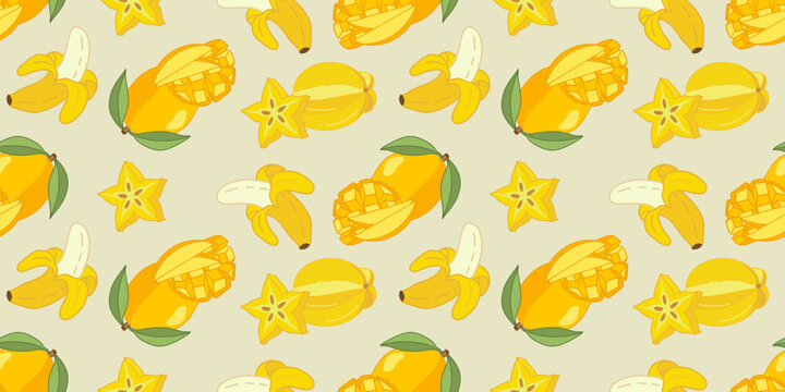 Bright repeating background featuring ripe bananas, sliced mangoes, and carambola star fruit. Creative summer vector pattern for fabric, wallpaper, textile prints, and packaging design.
