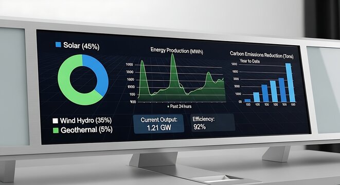 Renewable energy data analysis on digital monitor at solar and wind power plant. Sustainable development and green technology concept. Digitalization of the energy sector with copy space.
