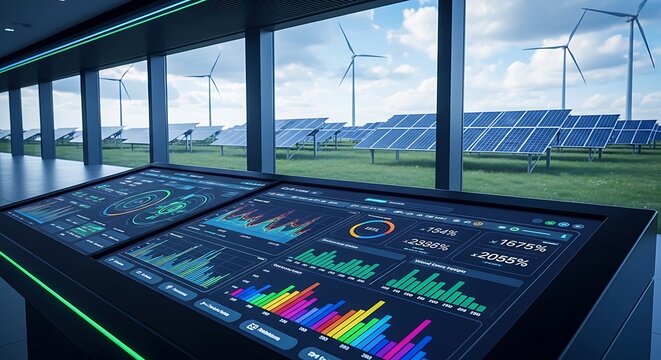 Renewable energy data analysis on digital monitor at solar and wind power plant. Sustainable development and green technology concept. Digitalization of the energy sector with copy space.