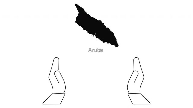 Aruba Map Silhouette with Open Hands Symbolizing Welcome and Protection.